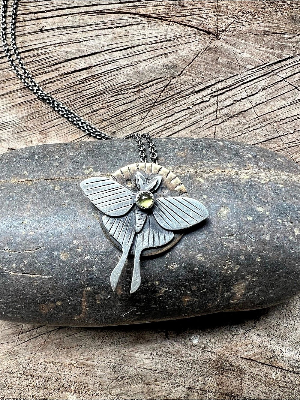 Arrok Jewelry Luna Moth Necklace with Peridot Stone Sterling Silver & Brass